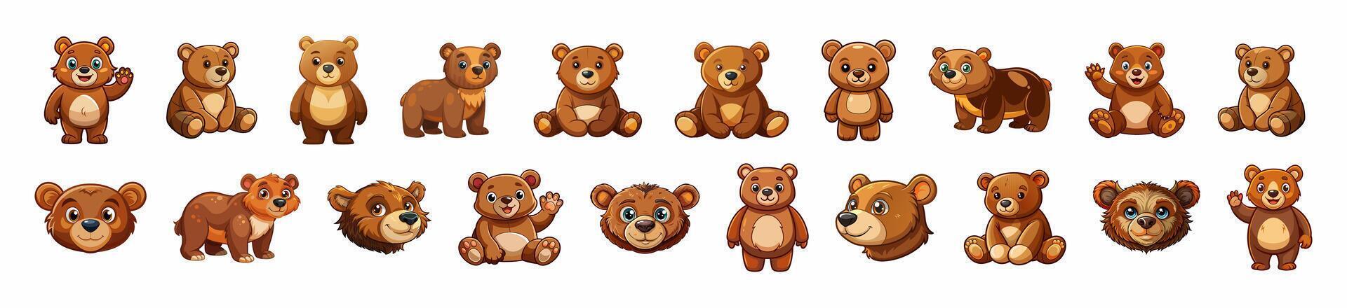 Set of brown toy bears isolated on a white background. Cute cartoon plush bears. Concept of kids toys, childhood, fun, game, playtime. Print, icon, design elements vector