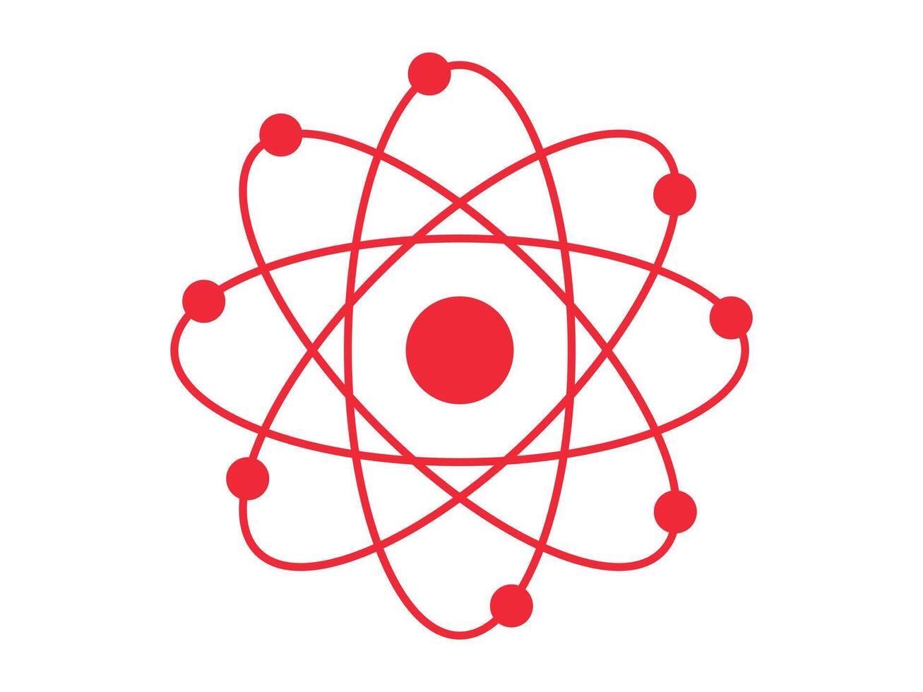 Red silhouette of an atom with orbiting electrons isolated on a white background. Concept of science, physics, atomic structure, minimalism. Icon, symbol, design element. vector
