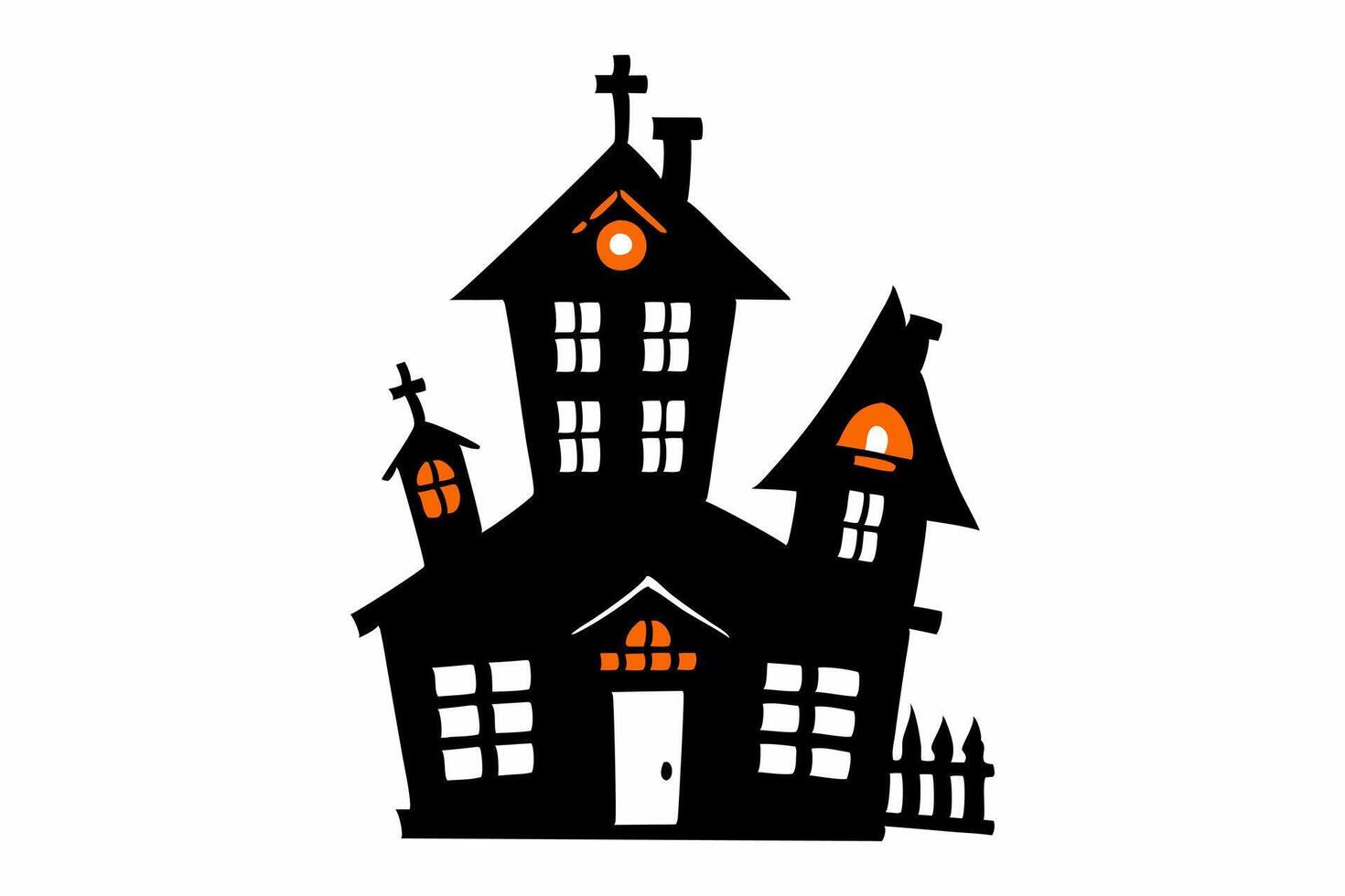 Black silhouette of a haunted house with glowing windows isolated on a white background. Concept of Halloween, spooky mansion, ghost house, minimalist style. Print, design element, illustration. vector