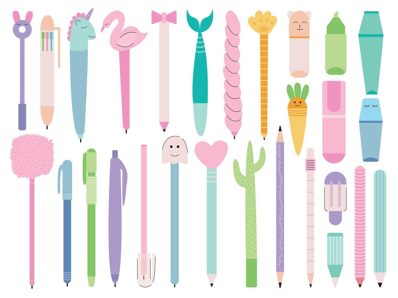 Pens and pencils different shapes flat set. Pens and markers big set vector