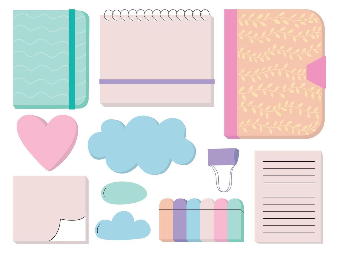 Notebook memo and reminder stickers flat set. Flat style sketchbooks and reminder notes set vector