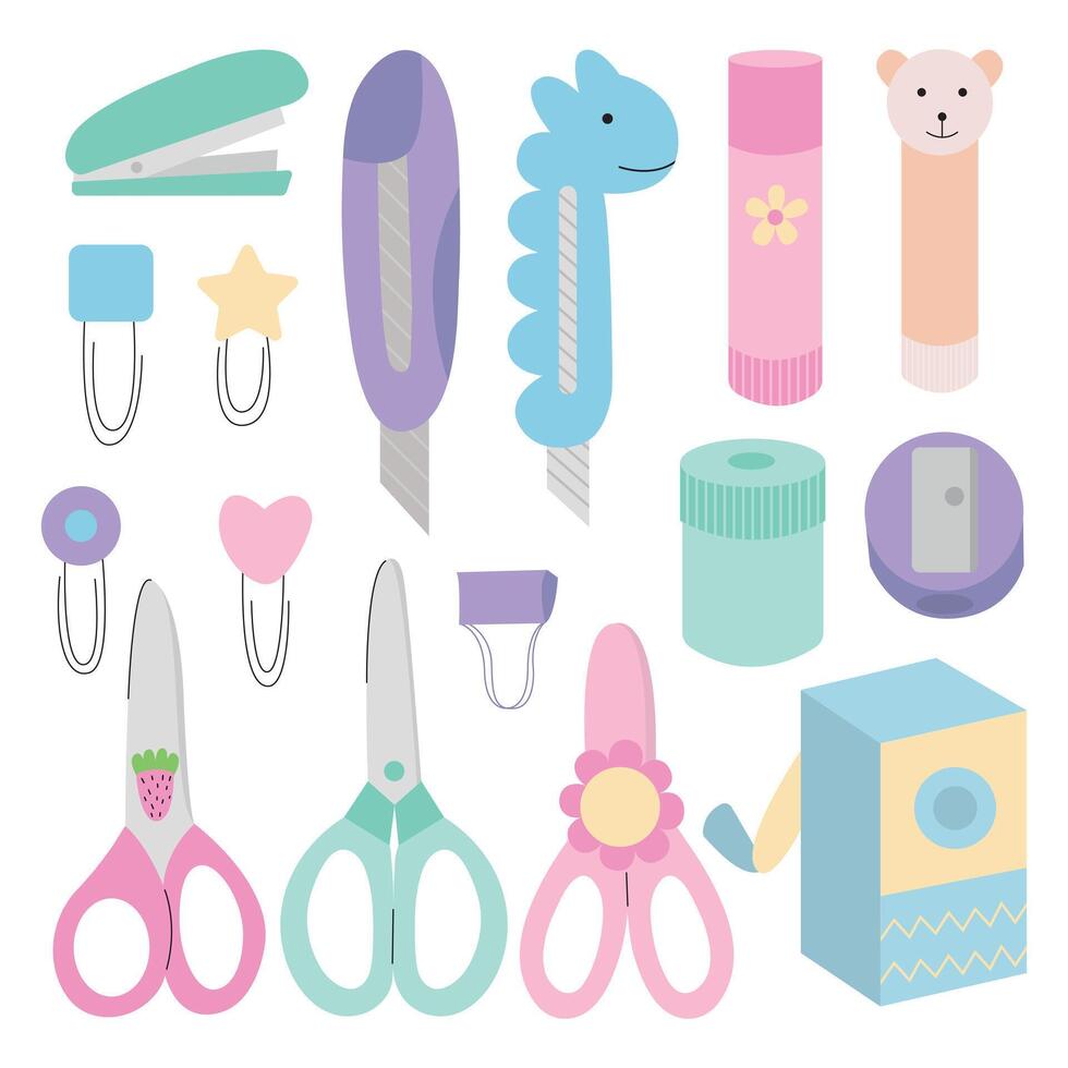 Cute kawaii stationery set. Flat school supplies set. Scissors, glue stick, sharpener and paper clips vector