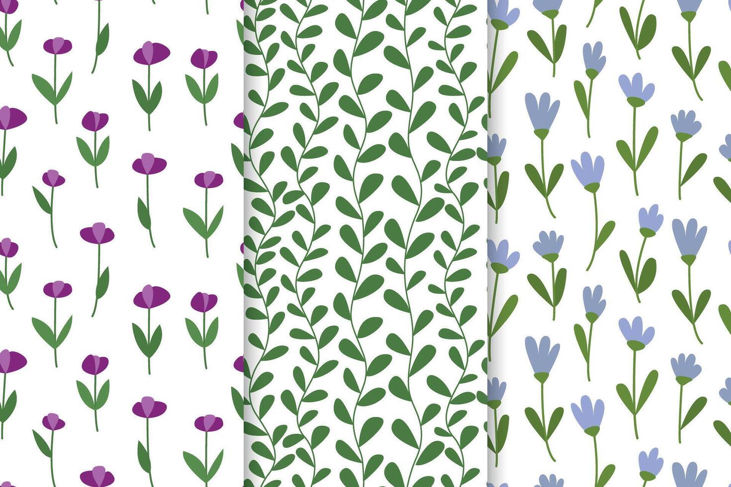 Set of doodle floral seamless patterns. patterns collection with violet and cornflowers vector
