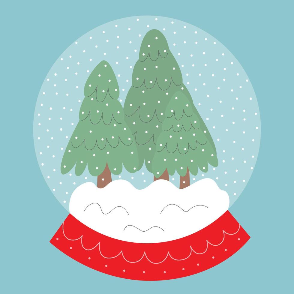Snow globe with Christmas trees and snowflakes flat illustration vector