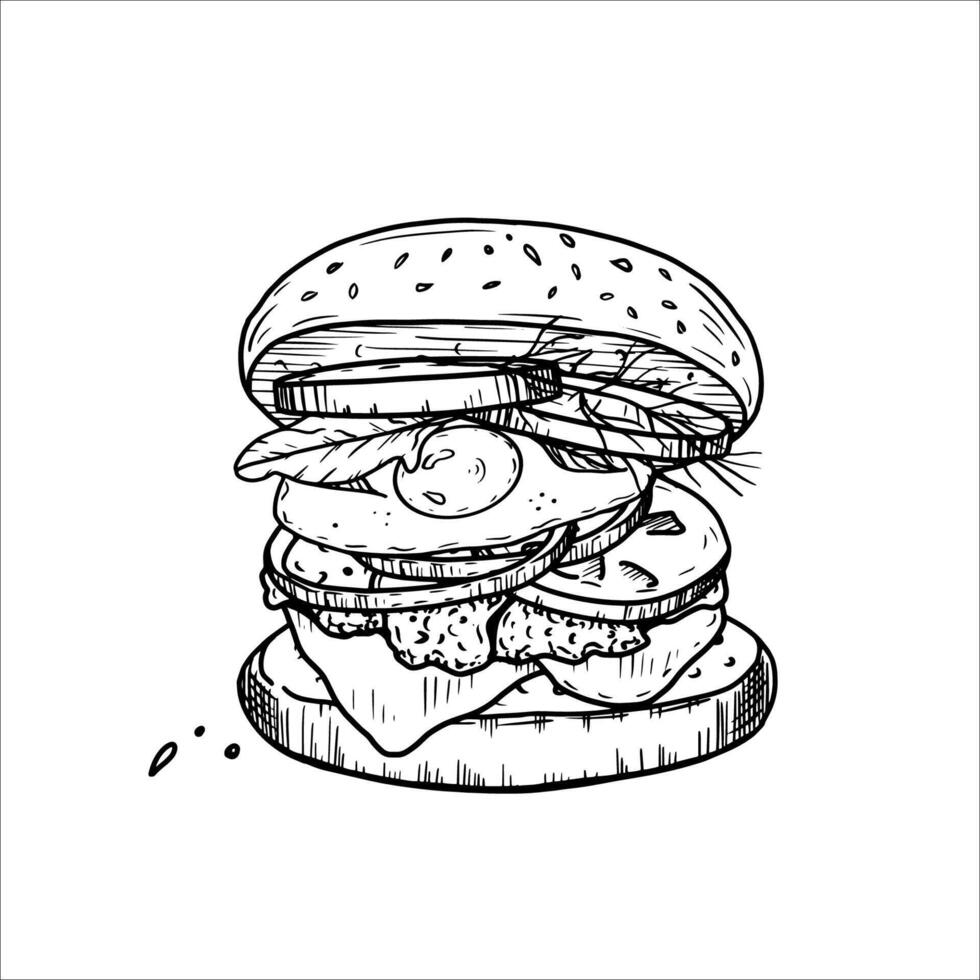 Hand drawn burger with tomatoes, eggs, cheese, onions. vector
