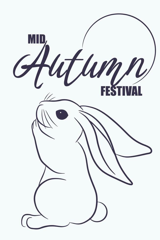 Mid autumn festival card with line rabbit on white. Minimalistic background concept. Bunny wonder admiringly looking up on the moon, his pad touch muzzle and ears lowered vector