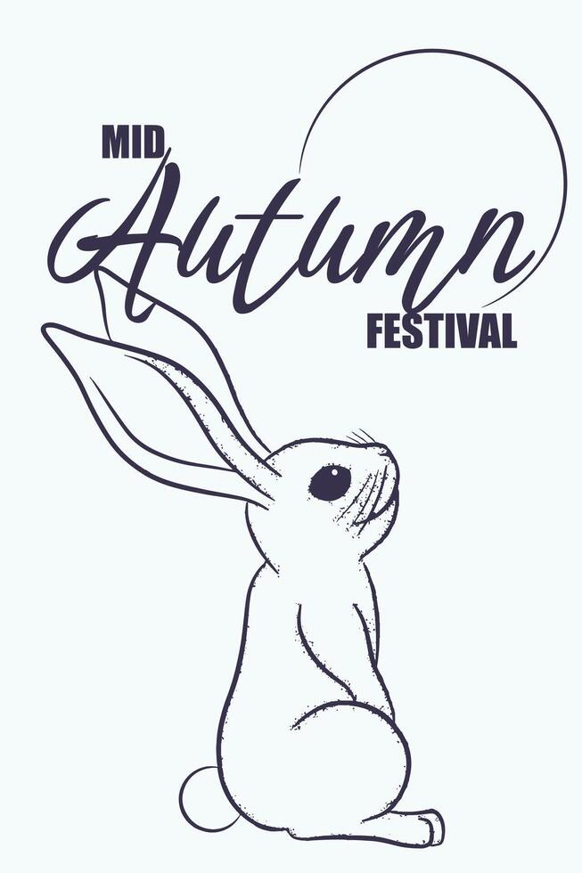 Mid autumn festival card with line rabbit on white. Minimalistic background concept. Bunny wonder admiringly looking up on the moon vector