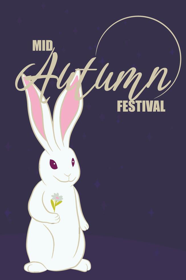 Mid autumn festival card with white rabbit keeping flowers in his pads. Minimalistic background on blue vector