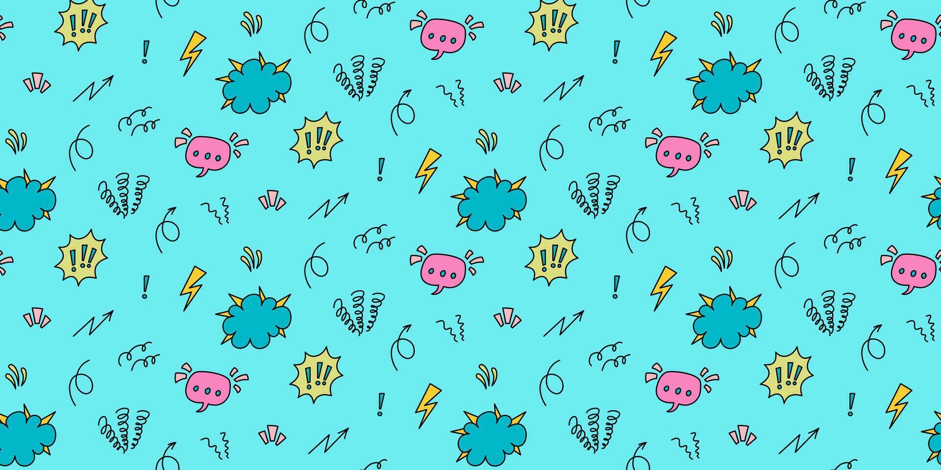 Seamless pattern with cartoon comics of the 80-90s. Speech bubble, lightning, exclamation marks and abstract shapes on a turquoise background. For wallpaper, textile and digital media. vector
