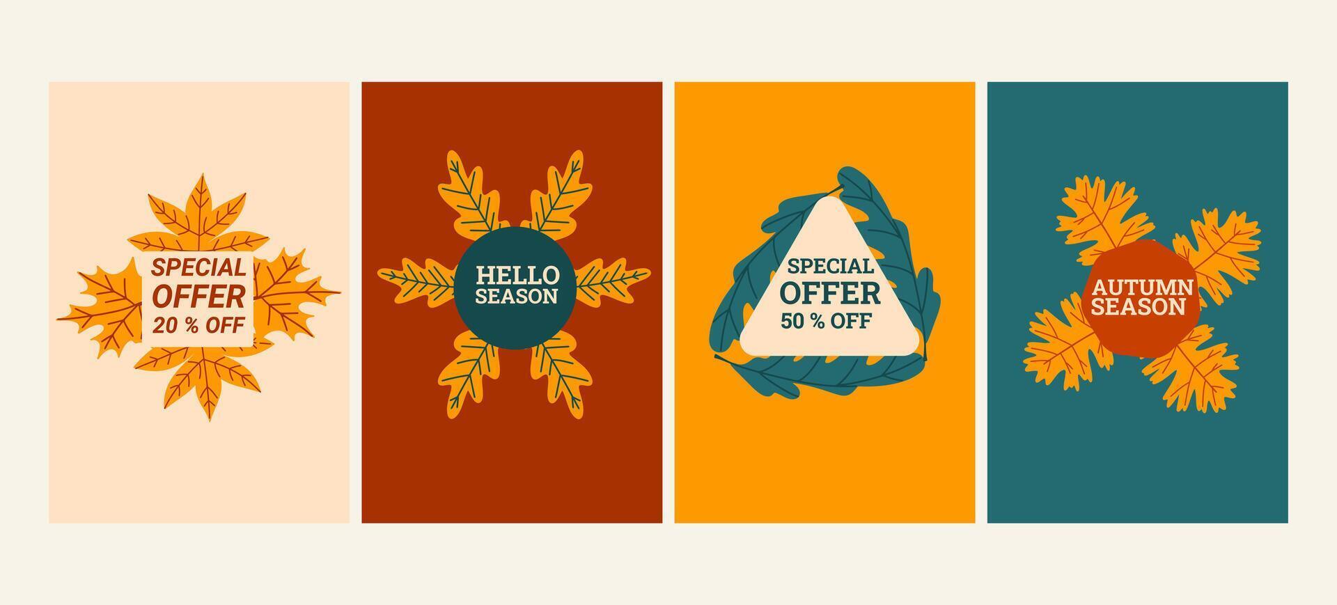 Autumn season special offer vertical promotion set. Fall posters with leaves. vector