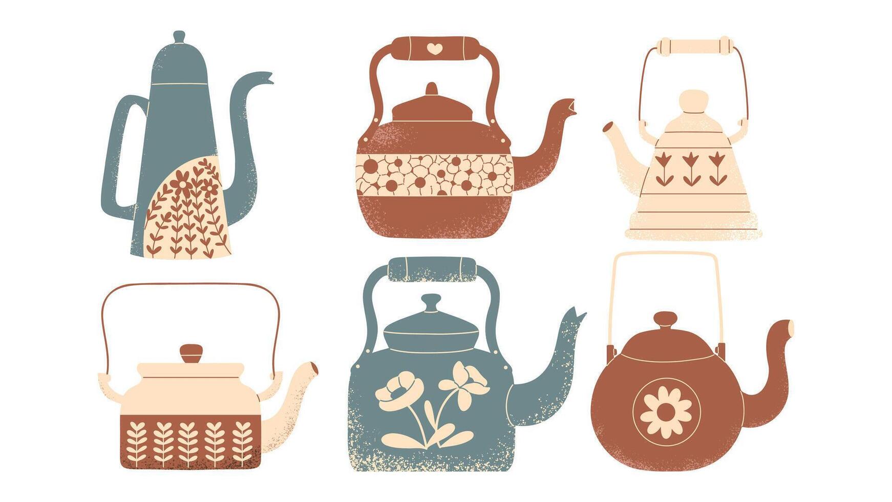 Retro teapot set. Vintage kitchen elements. vector