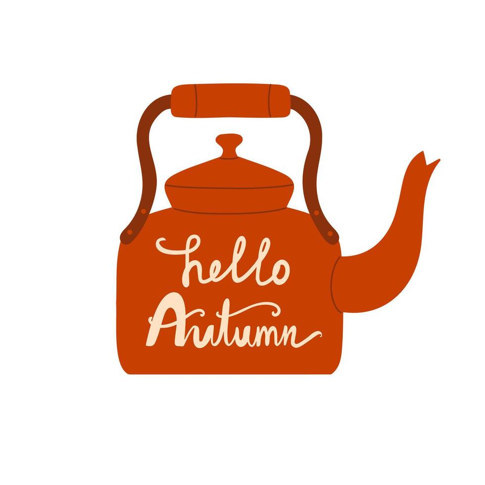 Teapot with handwritten inscription Hello Autumn. illustration. vector
