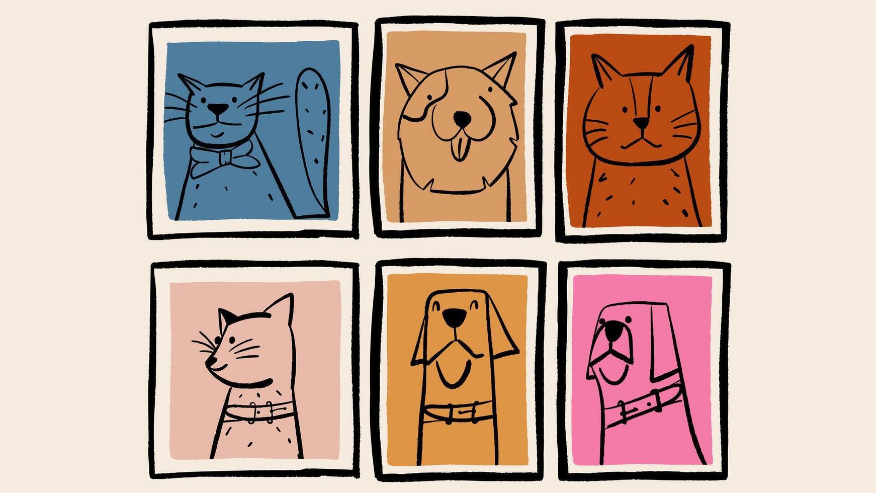 Pictures with funny various pets set. Cute sketch with cats and dogs portraits. Lovely canine and feline animals. vector