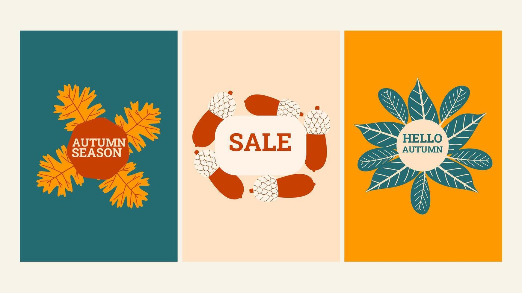Autumn season special offer vertical promotion set. Fall posters with leaves and acorn. vector