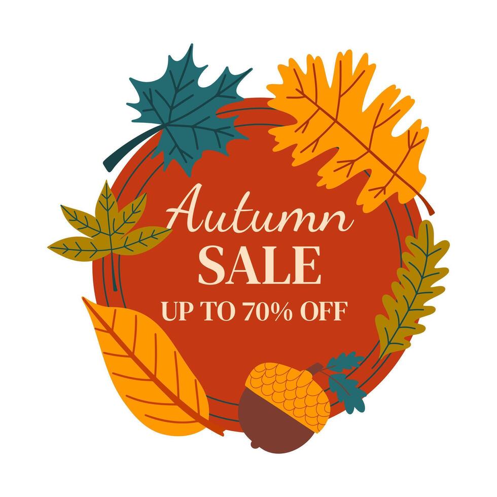Autumn season sale badge promotion. Fall template with leaves and acorn. vector