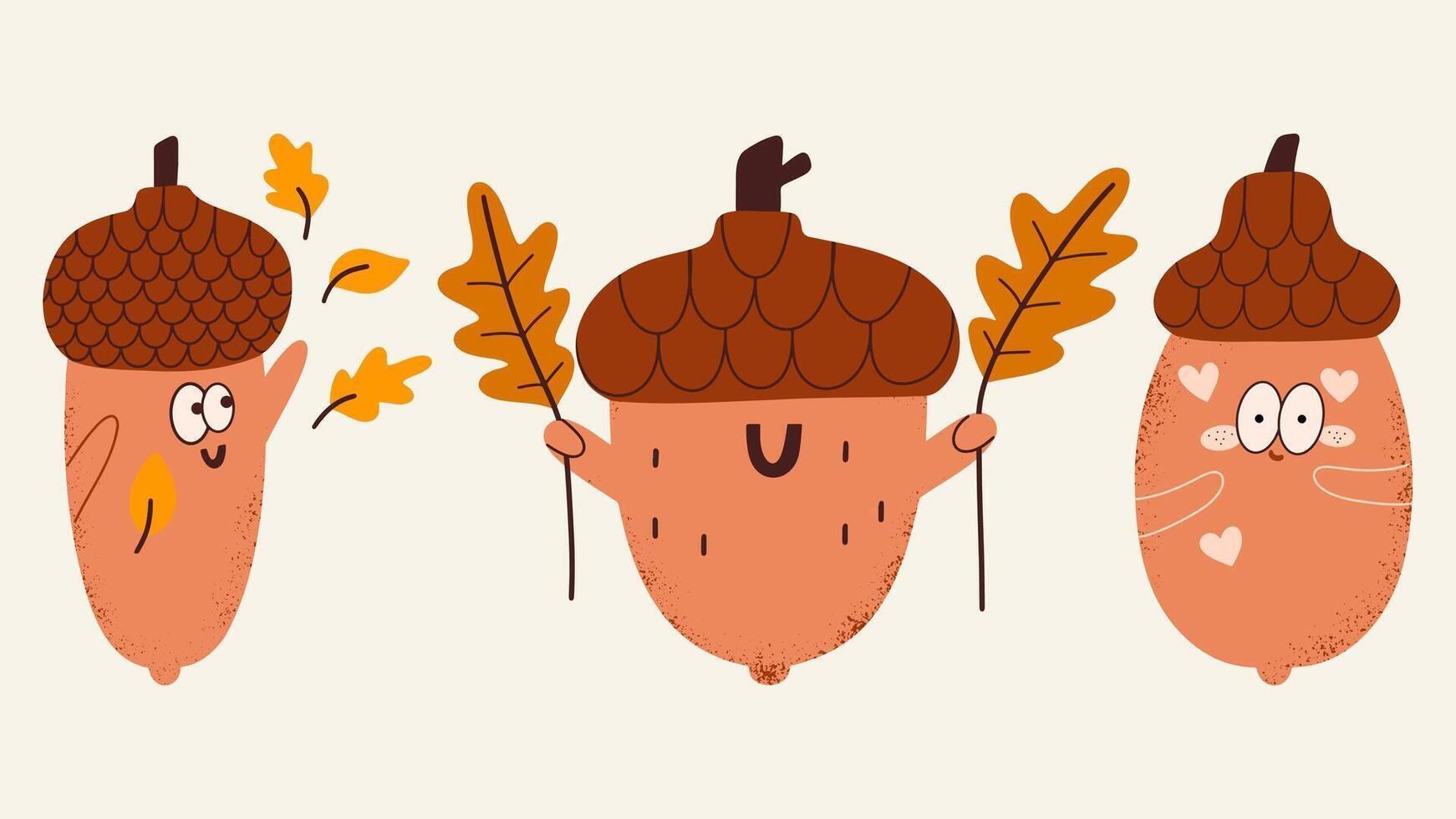 Funny cartoon characters acorn. Children cute design elements. vector