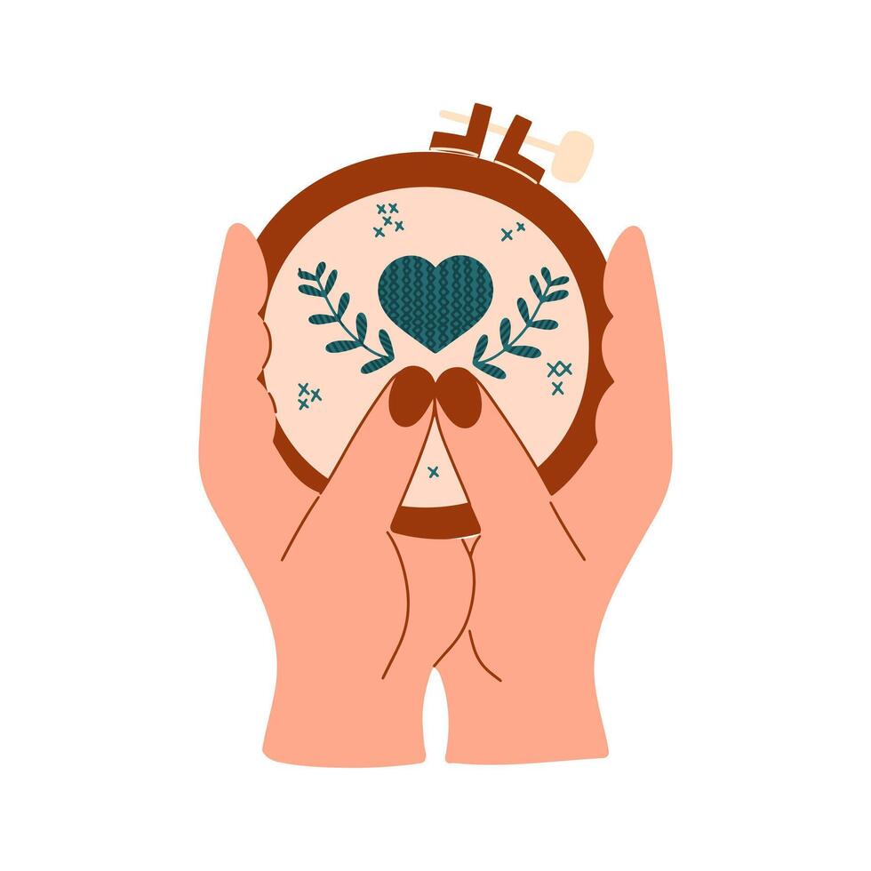 Handmade, cross stitch. Creative work, handicrafts. Women's hands hold a hoop with embroidered flowers and hearts. vector