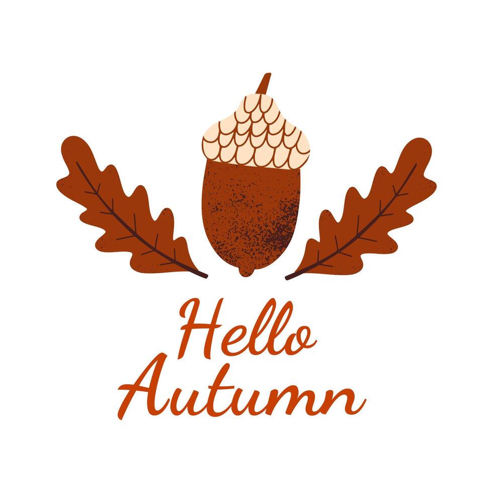 Hello Autumn design with text and acorn and leaves. illustration. vector