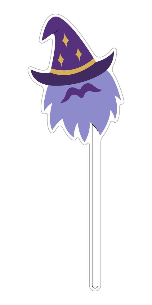 Halloween wizard mask on a stick sticker. Color flat illustration. vector