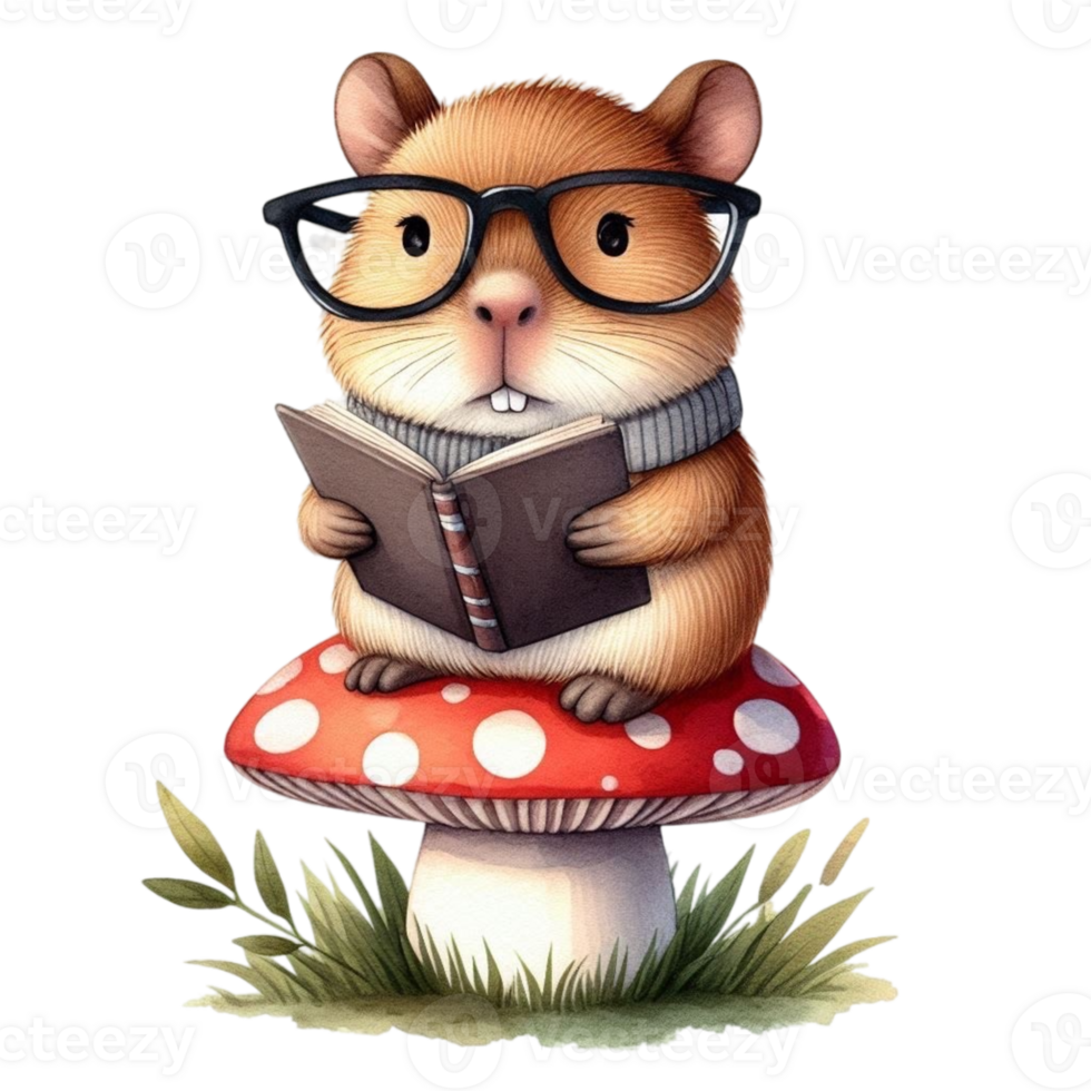 aigenerated a hamster wearing glasses and reading a book on a mushroom png