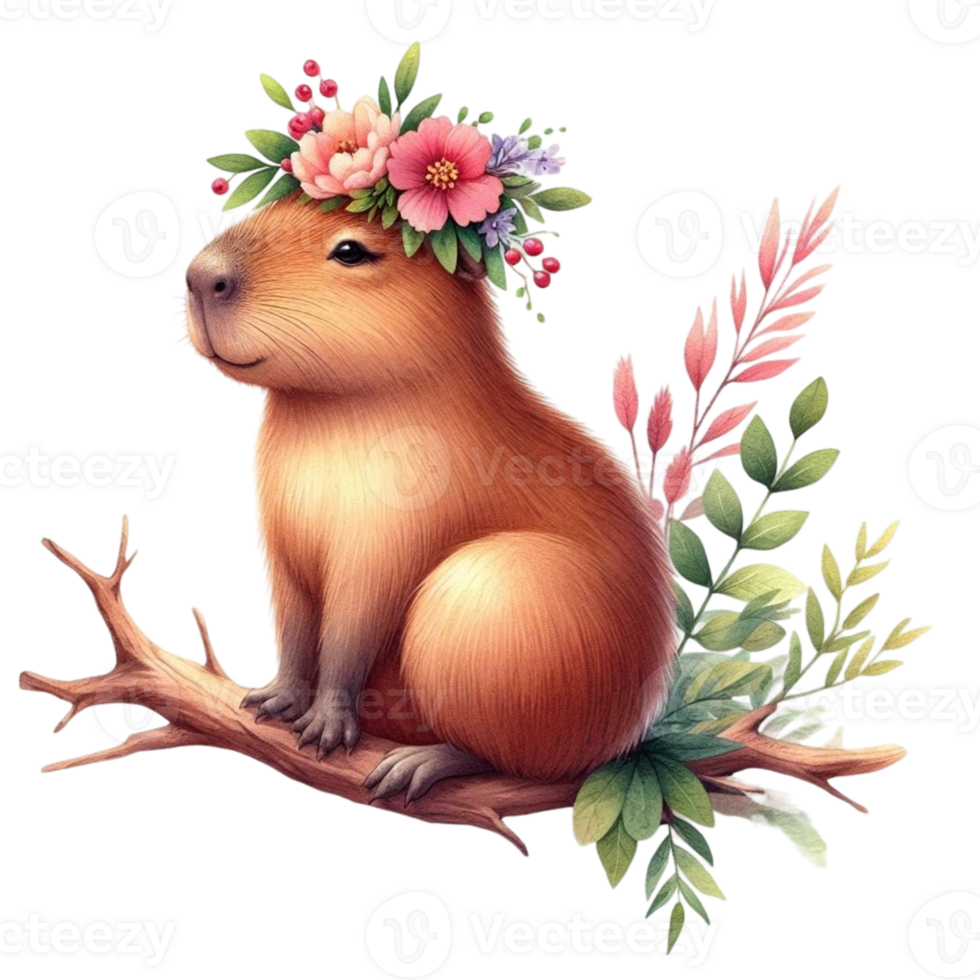 aigenerated capybara with flowers on his head png