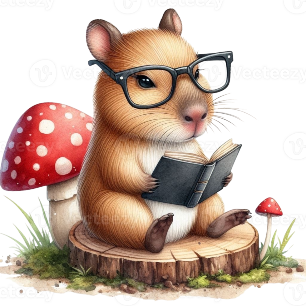 aigenerated hamster reading book with mushrooms png