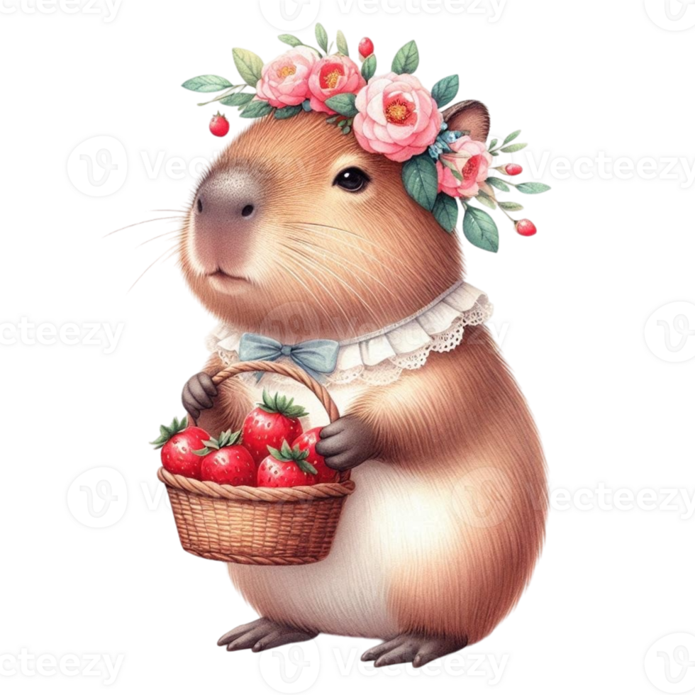 aigenerated capybara with flowers in her hair holding a basket of strawberries png