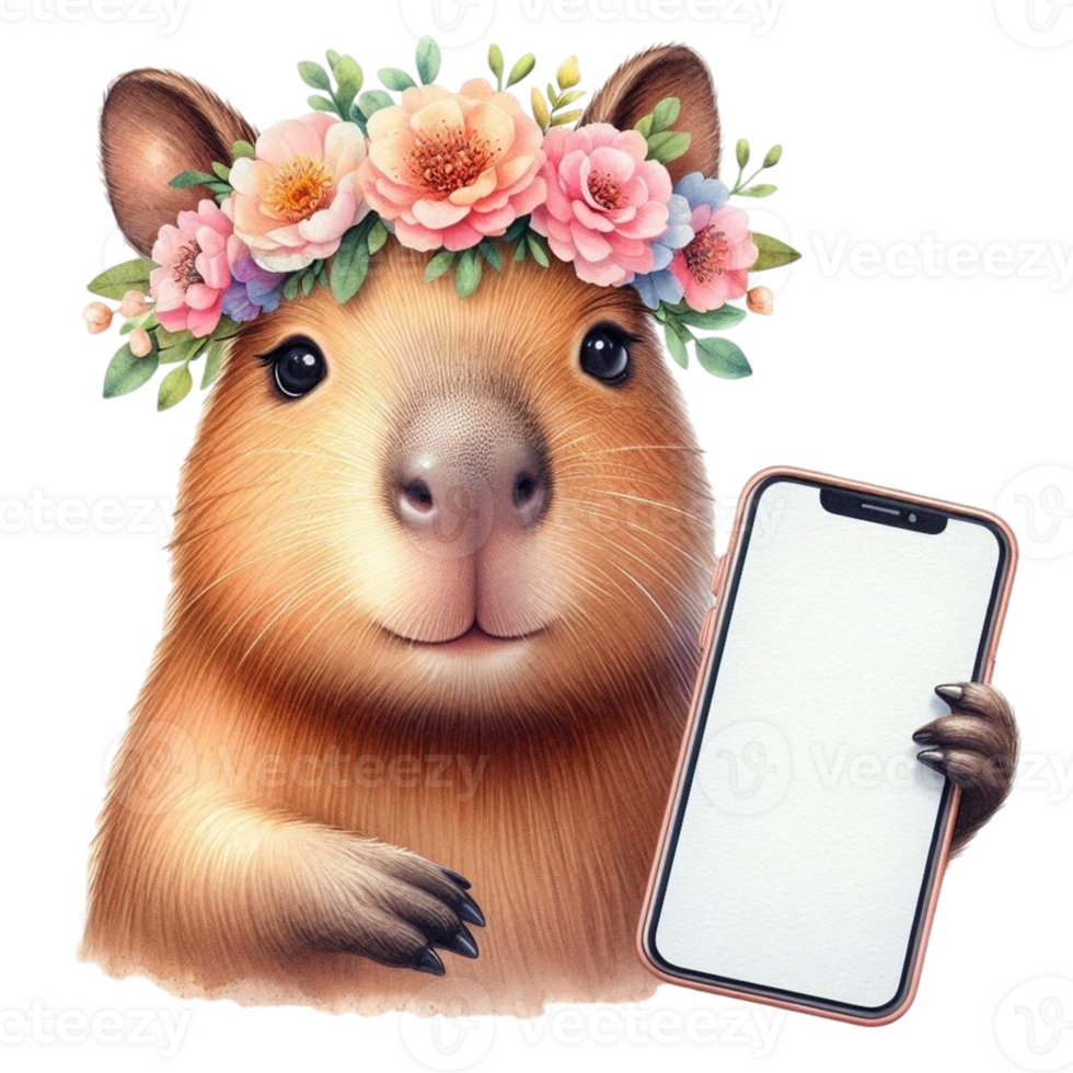 aigenerated a cute capy with flowers on her head holding a phone png