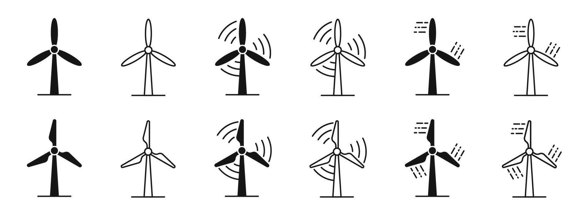 Windmill icons. Wind turbine icons. Wind power icons. Wind turbine silhouettes. Alternative energy symbols. EPS 10 vector