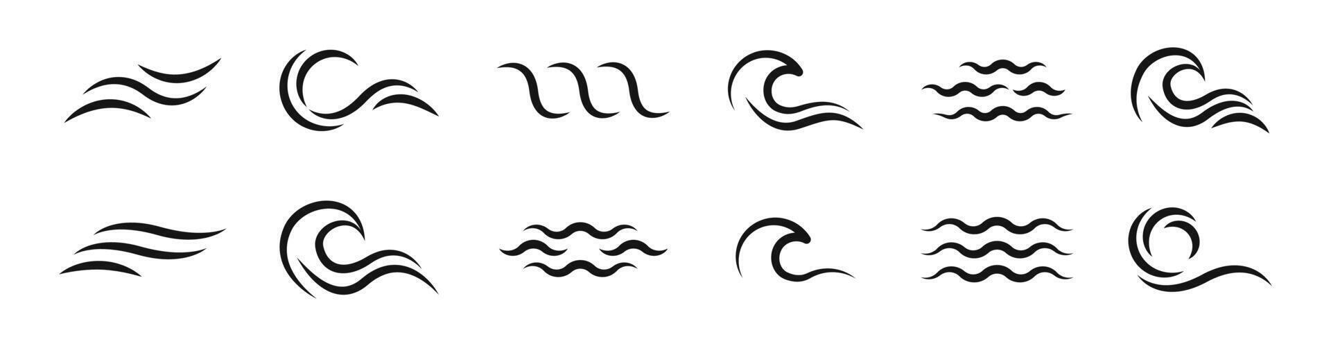 Flat black wave icons. Water wave icon set. Wave symbol collection. EPS 10 vector