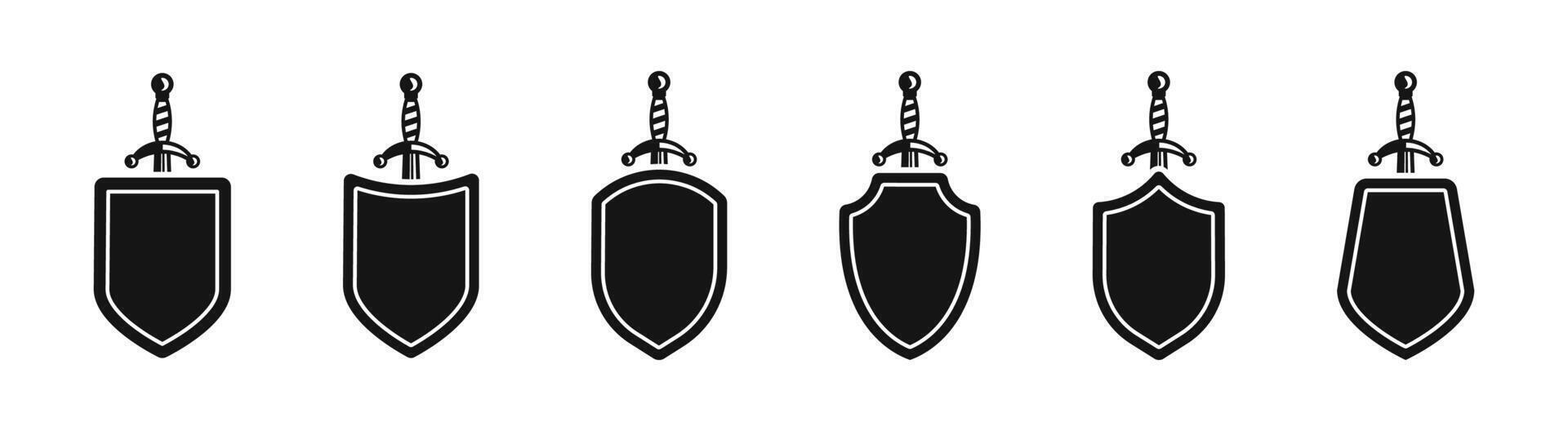 Sword and shield icon set. Sword and shield silhouette. Shield and sword icon logo. Medieval sword and shield. Ancient symbols vector