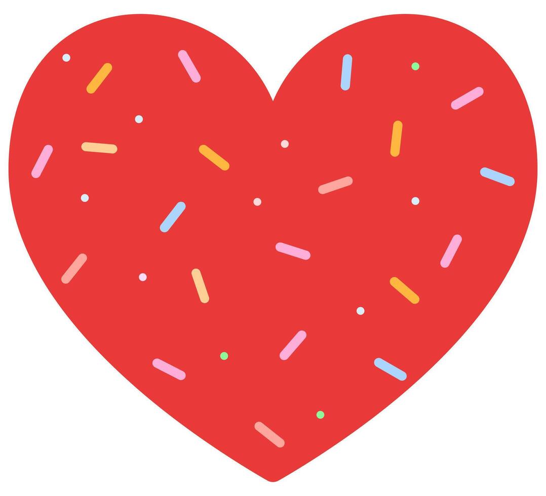 Flat illustration of red heart shaped birthday cake with chocolate sprinkle. vector