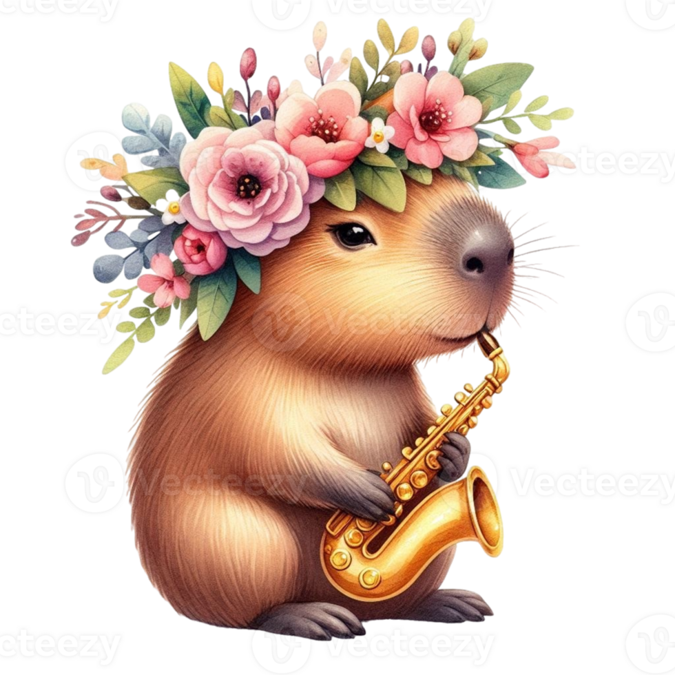 aigenerated a cute capy with flowers on his head playing the saxophone png