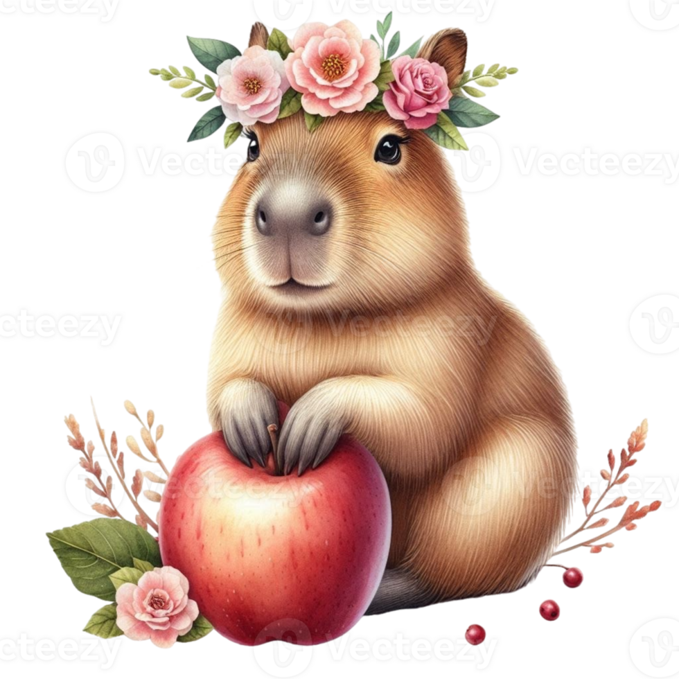 aigenerated capybara with flowers and apple png