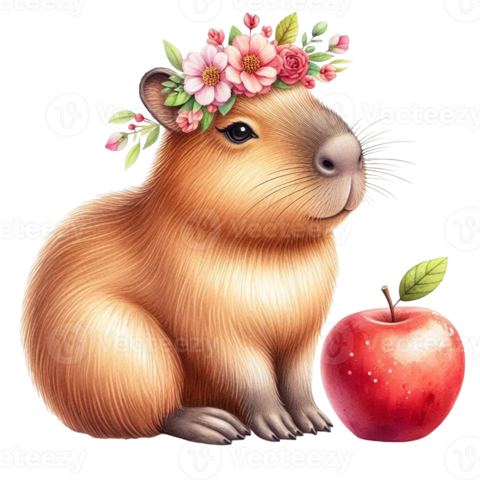 aigenerated capybara with flower crown and apple png