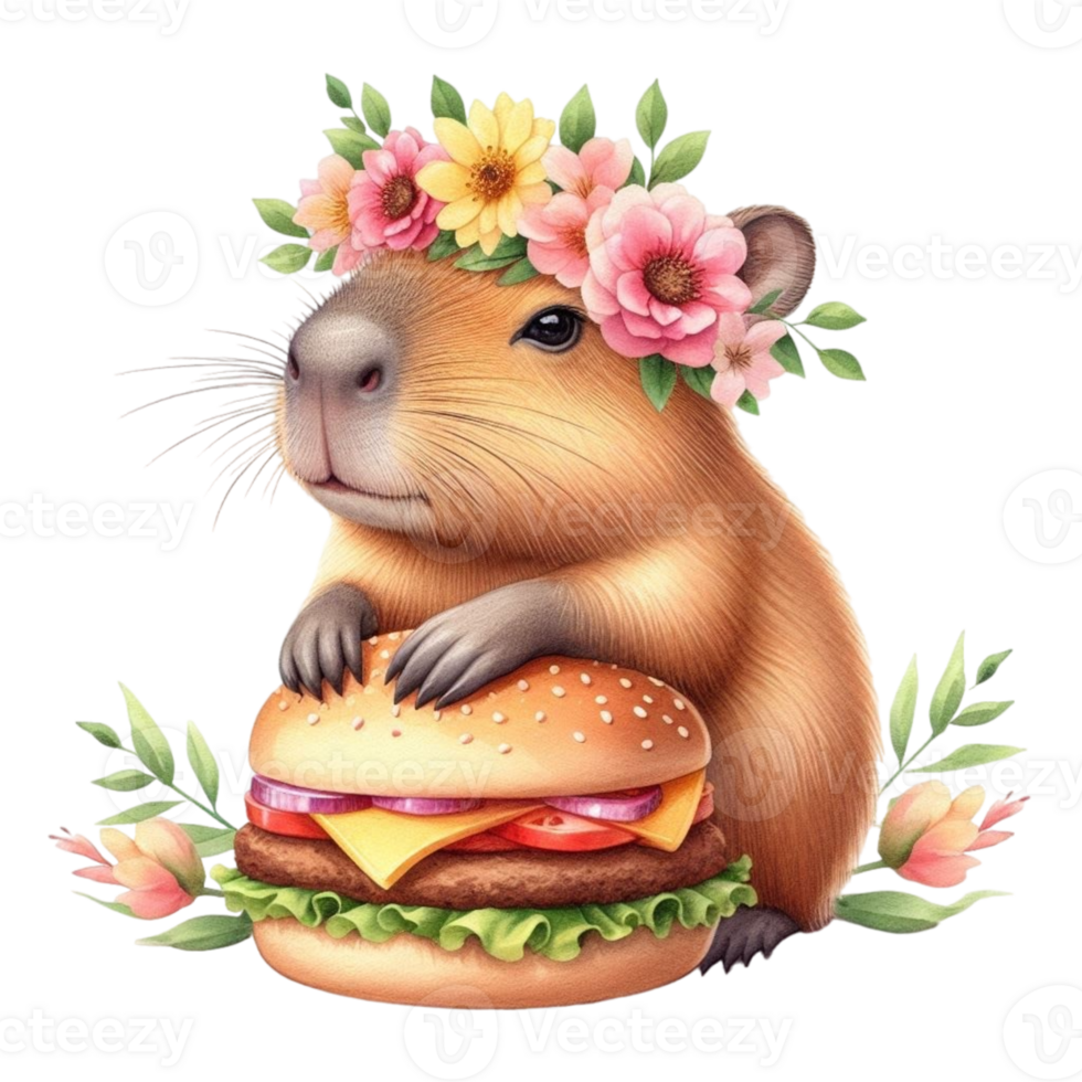 aigenerated capybara with flowers on its head and a hamburger png