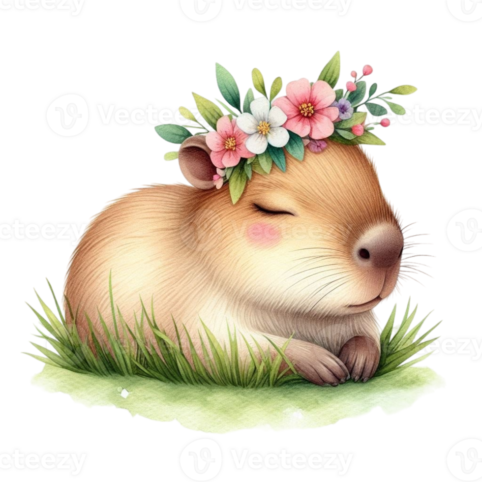 aigenerated cute capybara with flowers on her head, isolated on transparent background png