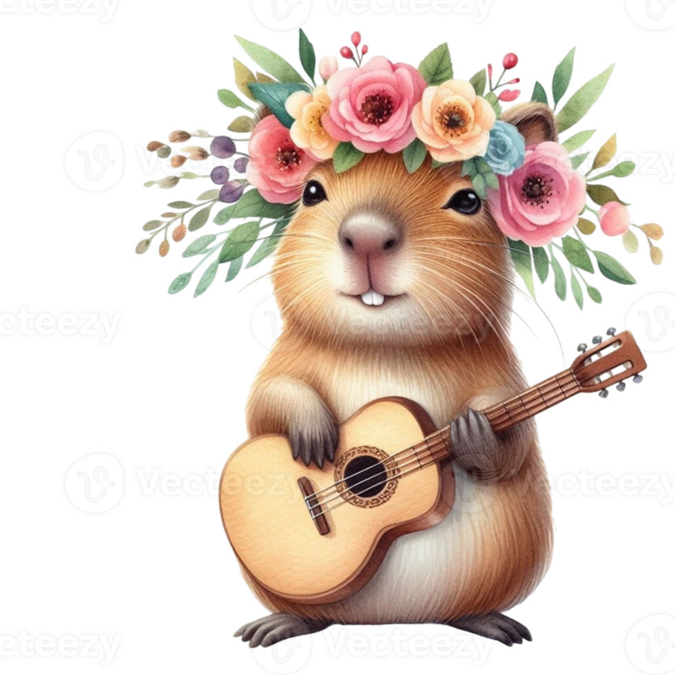 aigenerated a cute little rodent with flowers on his head playing the guitar png