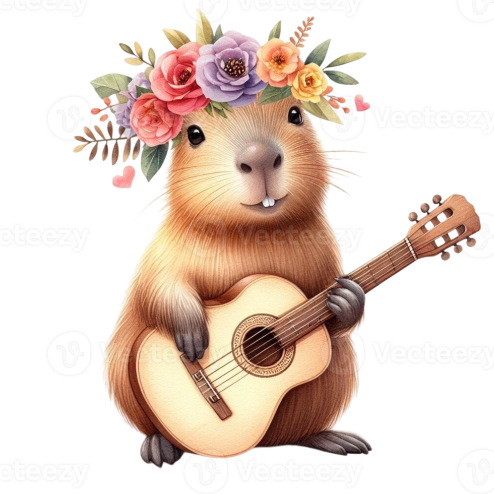 aigenerated a cute beaver playing the guitar with flowers on his head png
