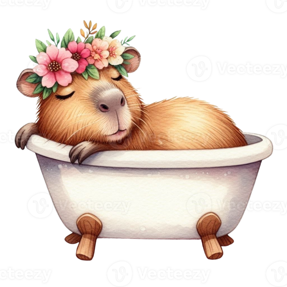 aigenerated cute little capybara in a bathtub with flowers isolated on transparent background png