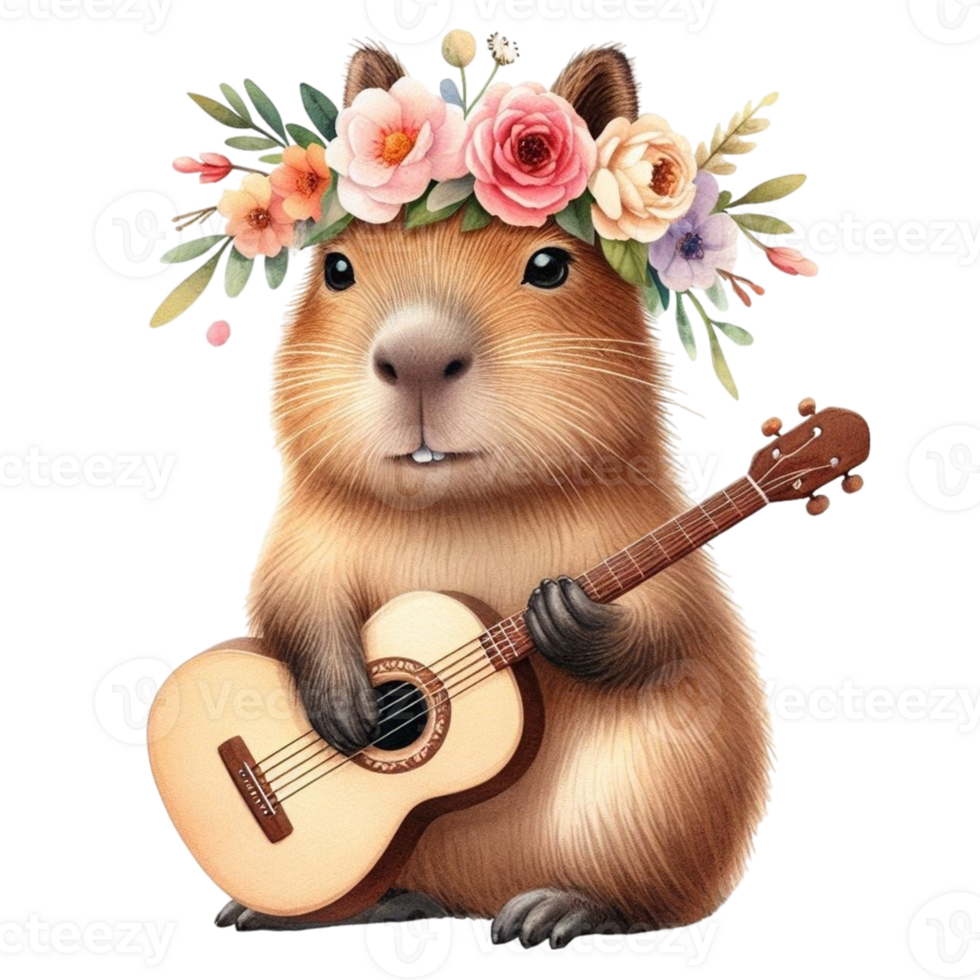 aigenerated capybara playing guitar with flowers on his head png
