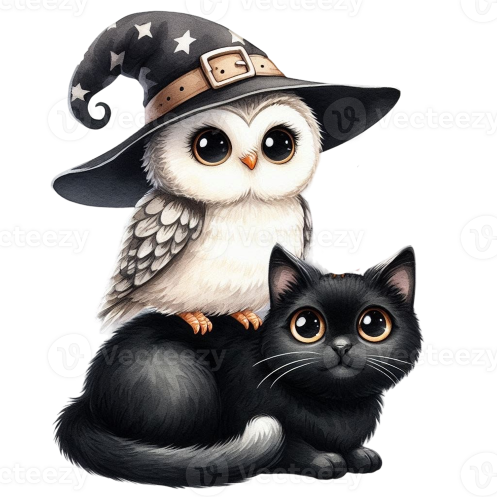 aigenerated an owl and a black cat in a witch hat png