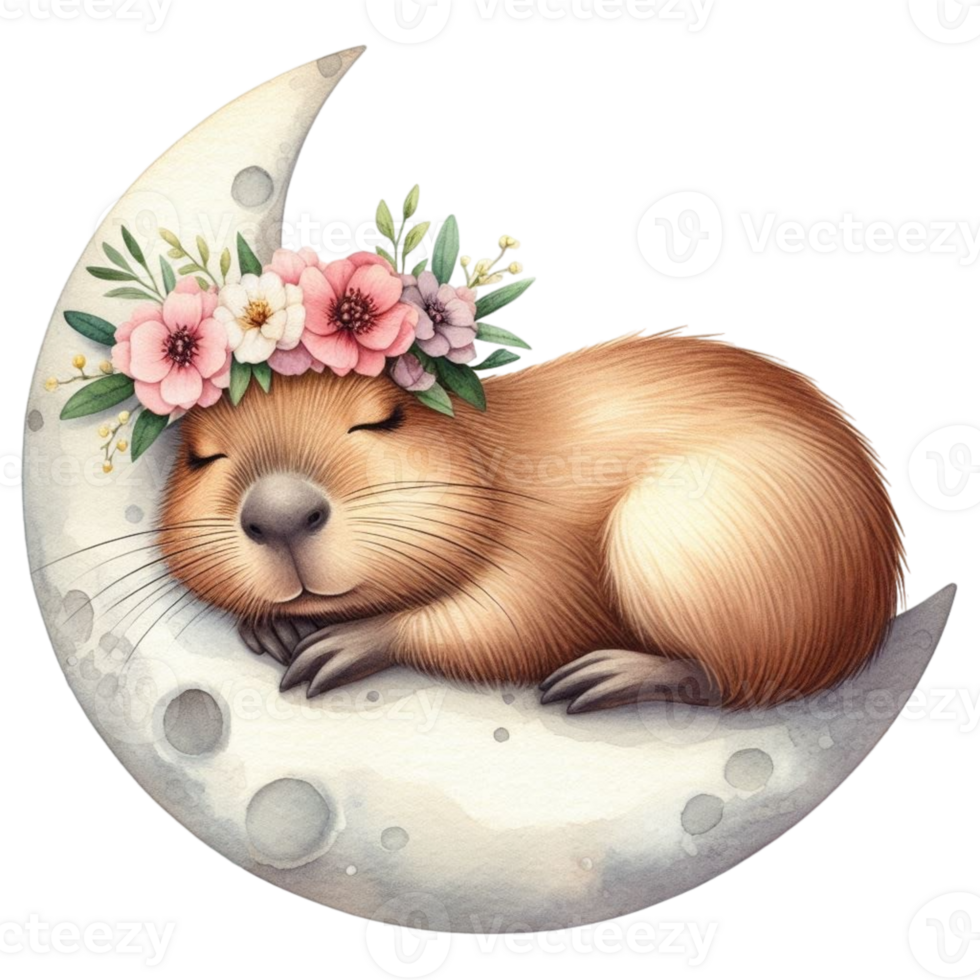 aigenerated a cute little rodent with flowers on its head is sleeping on the moon png
