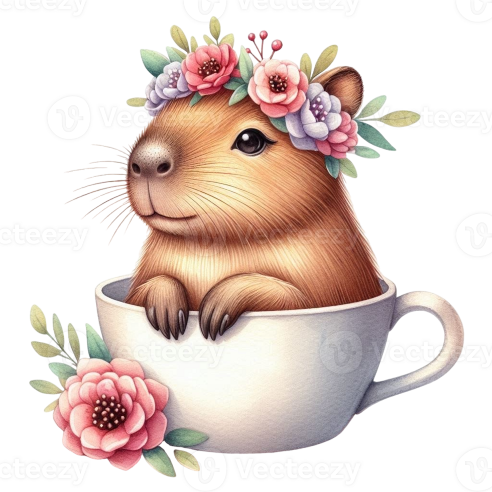 aigenerated capy in a cup with flowers on the side png