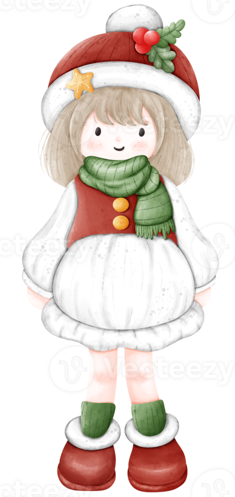 A girl wears a red and white dress and a red hat for Christmas. png