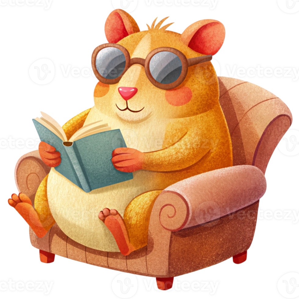 aigenerated cartoon hamster reading a book on a chair png