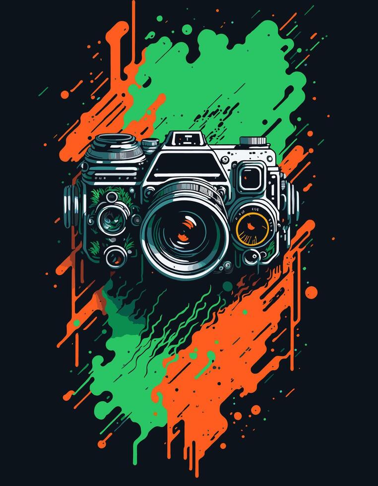 steampunk camera red white green yellow splashes vector