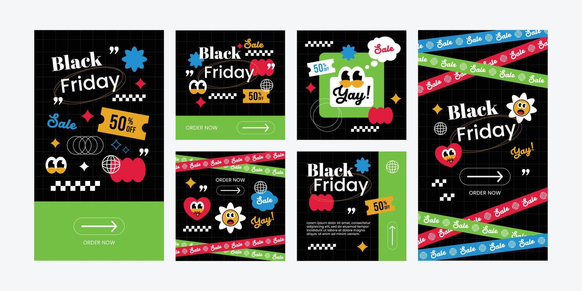 Flat design retro 90s party black friday sale social media template for Instagram feed and stories vector