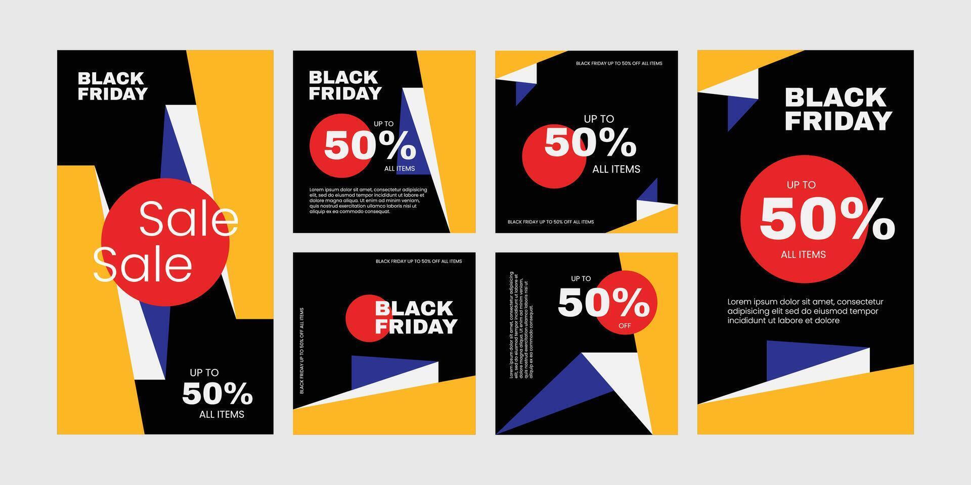 Bold graphics Black Friday promotion social media template in a set for banner, feed, story, background and ads vector