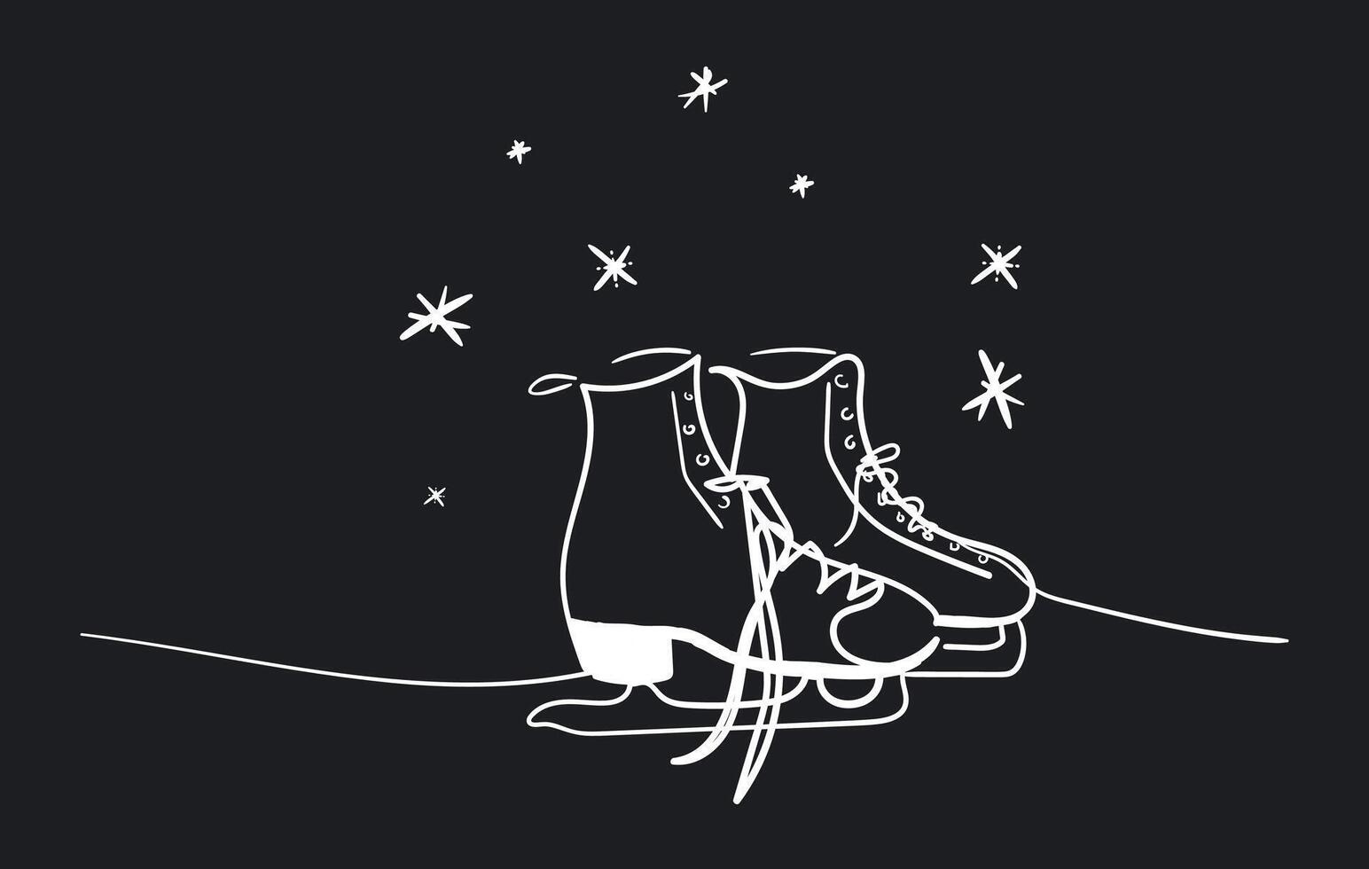 Continuous one line white of pair of figure ice skates hanging in silhouette on black background. Winter illustration. vector